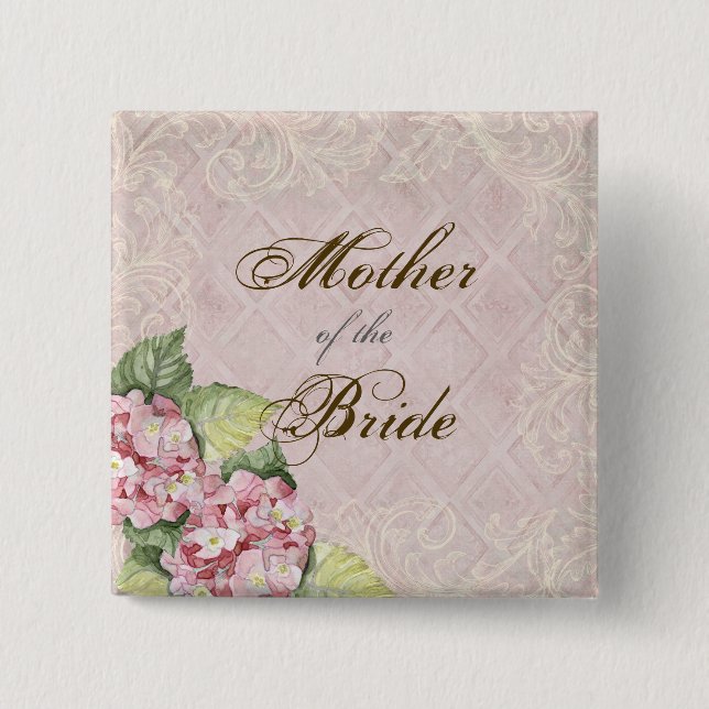 Pink Hydrangea Swirl - Bridal Party Button (Front)