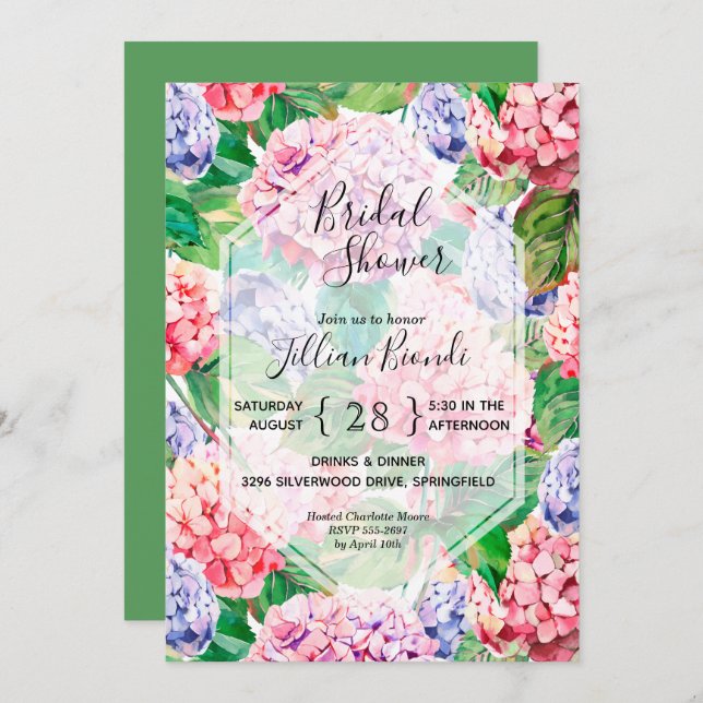 Pink Hydrangea Watercolor Bridal Shower Invitation (Front/Back)