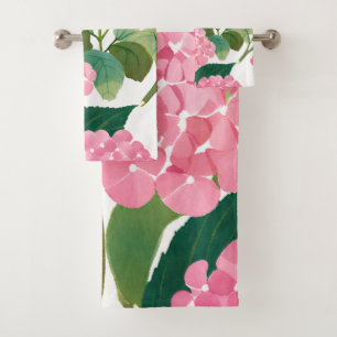 Pink Hydrangea Watercolor Floral Coastal Bath Towel Set