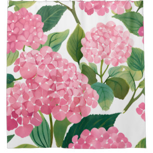 Pink Hydrangea Watercolor Floral Coastal Shower Curtain