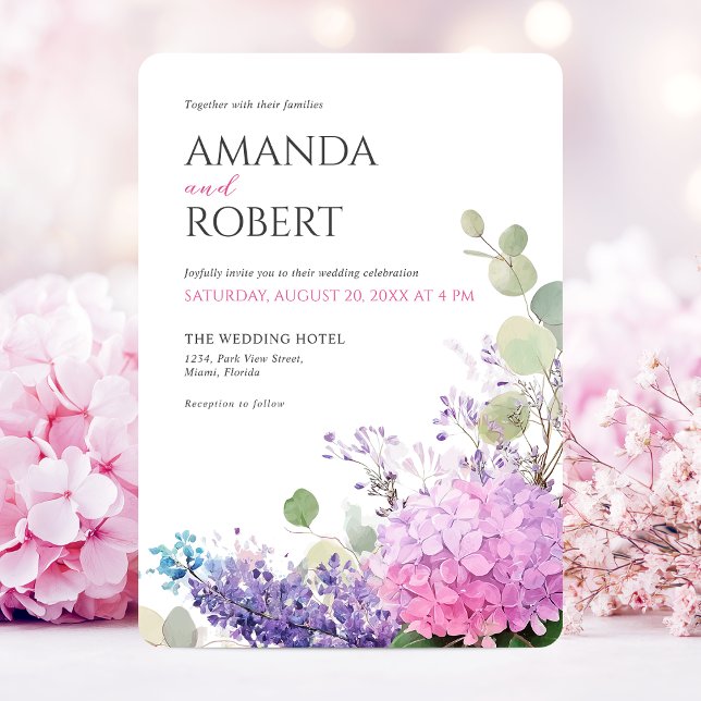 Pink Hydrangea Watercolor Flowers Elegant Wedding Invitation (Pink Hydrangea Flowers Watercolor Elegant Wedding Invitation)