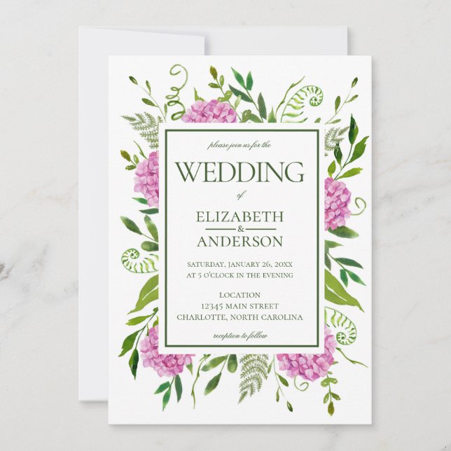 Pink Hydrangea Wedding Invitation (Front)
