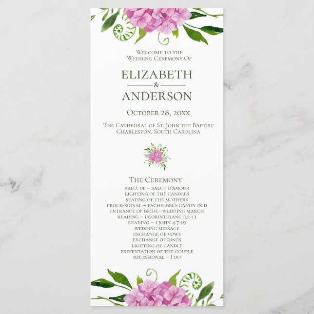 Pink Hydrangea Wedding Programme (Front)