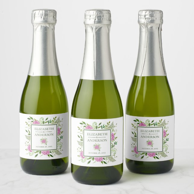 Pink Hydrangea Wedding Sparkling Wine Label (Bottles)