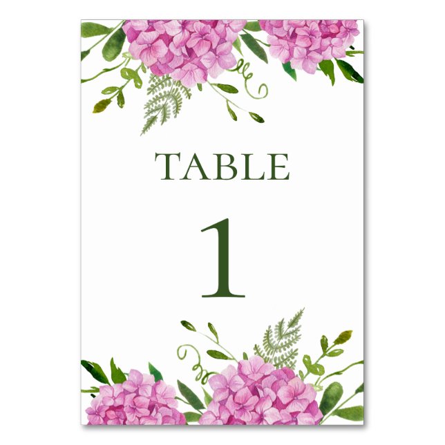 Pink Hydrangea Wedding Table Number (Front)