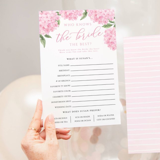 Pink Hydrangea Who Knows The Bride Paper Game Card (Creator Uploaded)