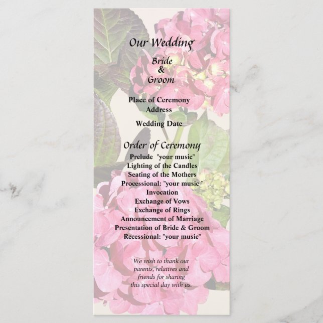 Pink Hydrangea With Leaves Wedding Program Programme (Front)