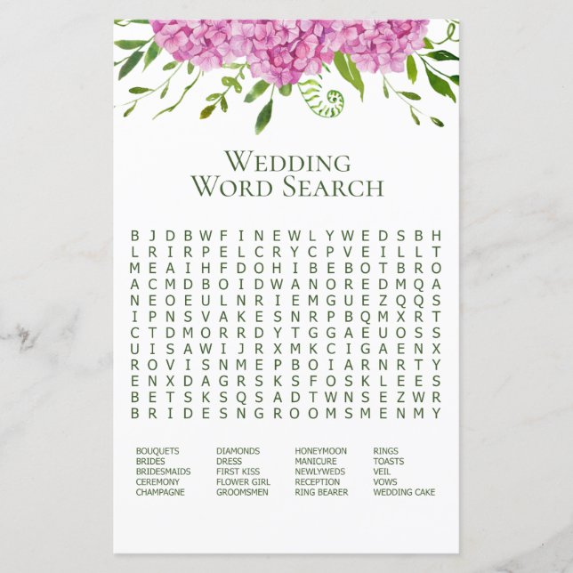Pink Hydrangea Word Search Shower Game (Front)