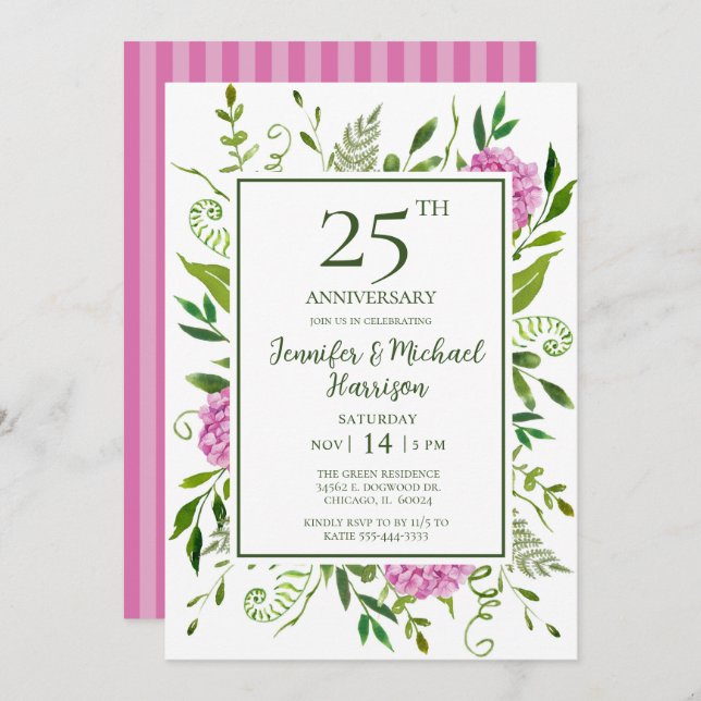 Pink Hydrangeas 25th Anniversary Invitation (Front/Back)