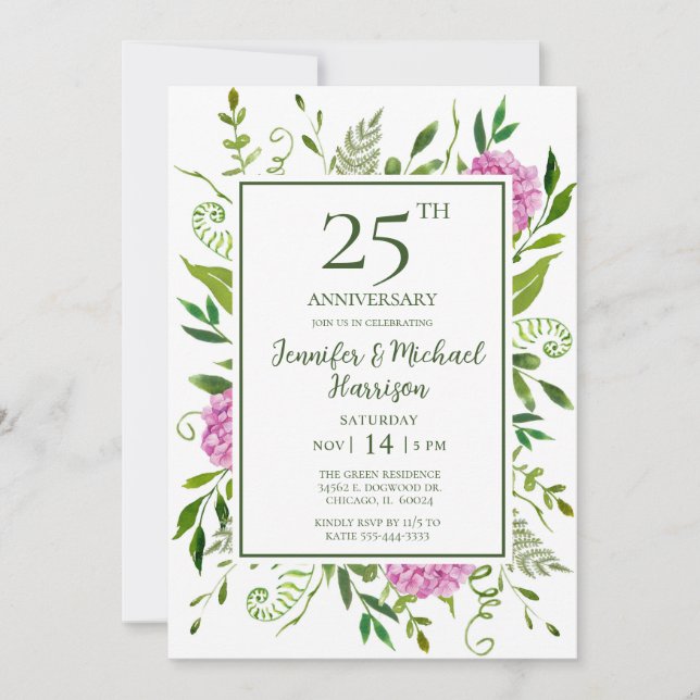 Pink Hydrangeas 25th Anniversary Invitation (Front)