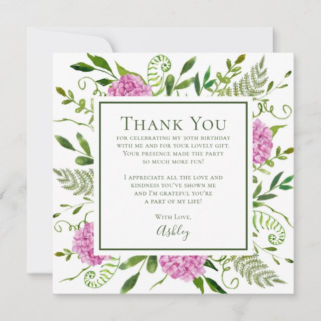 Pink Hydrangeas 30th Birthday  Thank You Card (Front)