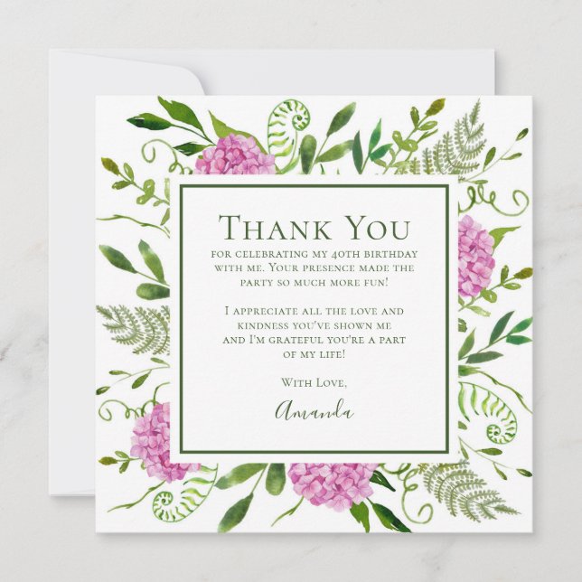 Pink Hydrangeas 40th Birthday  Thank You Card (Front)