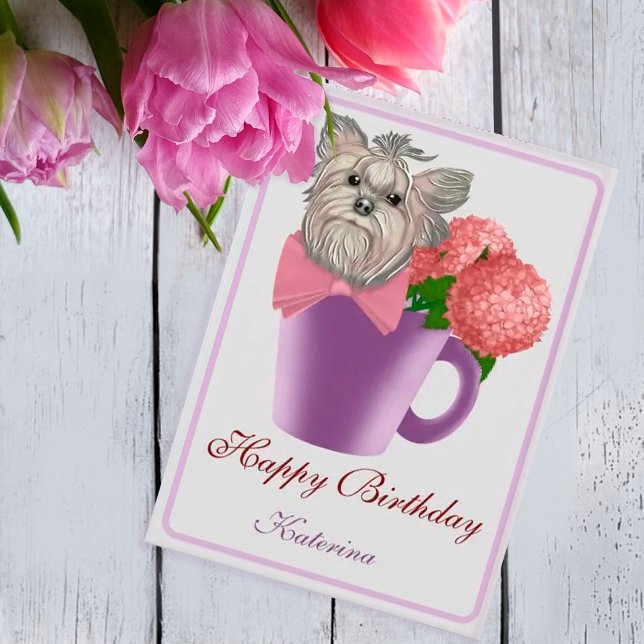 Pink Hydrangeas and Yorkshire Terrier Birthday Announcement (Creator Uploaded)