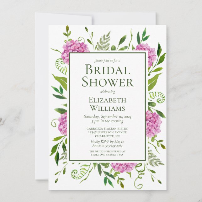 Pink Hydrangeas Bridal Shower Invitation (Front)