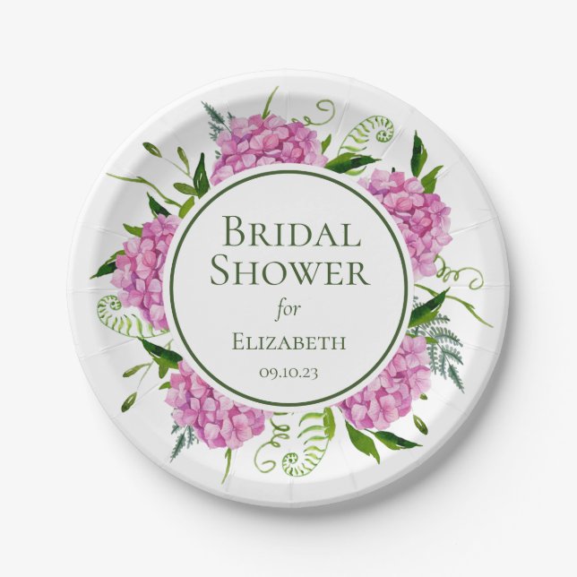 Pink Hydrangeas Bridal Shower Paper Plate (Front)