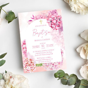 Pink hydrangeas elegant floral arch baptism invitation