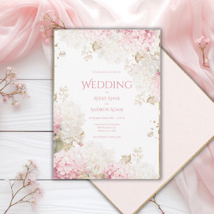 Pink Hydrangeas Elegant Gold Wedding Invitation