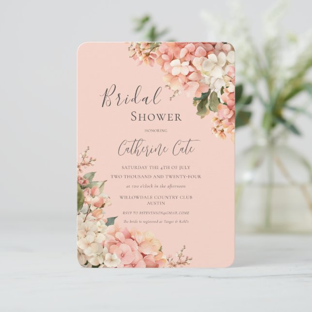 Pink Hydrangeas Floral Bridal Shower Invitation (Standing Front)
