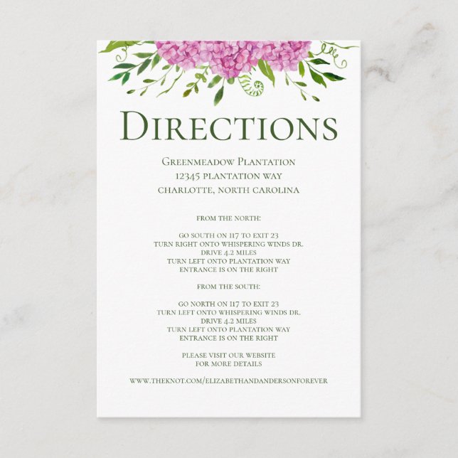 Pink Hydrangeas Floral Wedding Directions Enclosure Card (Front)