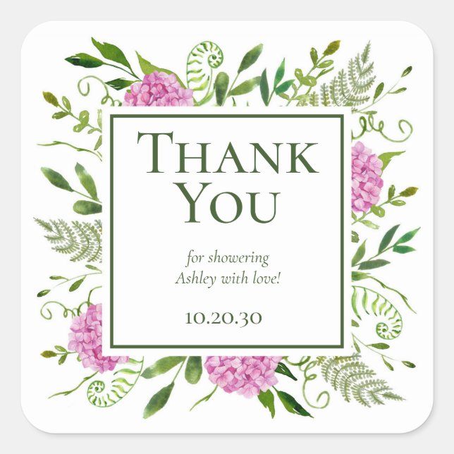 Pink Hydrangeas Girl Baby Shower Thank You Square Sticker (Front)