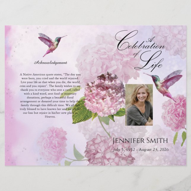 Pink Hydrangeas Hummingbird Funeral Program Flyer (Front)