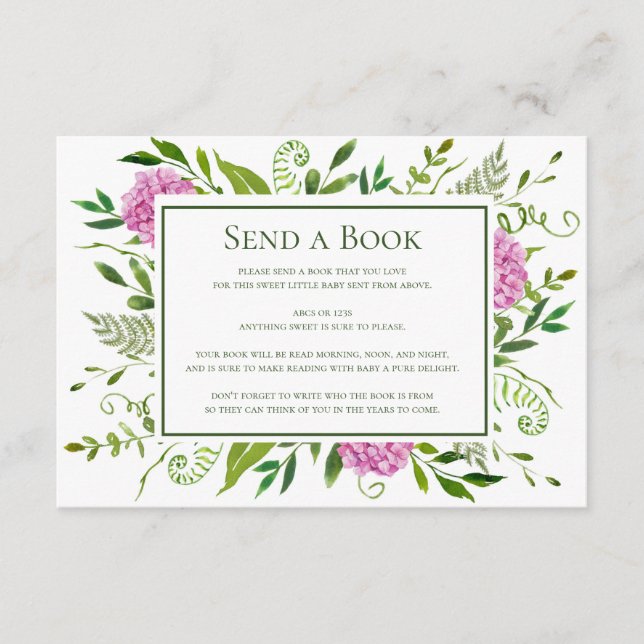 Pink Hydrangeas Send a Book Virtual Baby Shower Enclosure Card (Front)