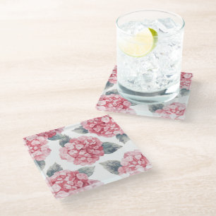 Pink Hydrangeas Watercolor Floral Blooms Painting Glass Coaster