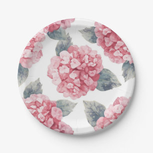 Pink Hydrangeas Watercolor Floral Blooms Painting Paper Plate