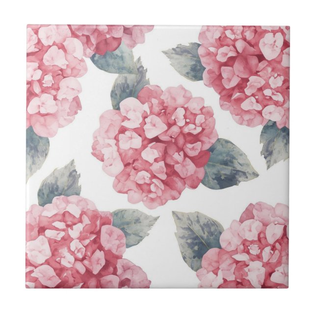 Pink Hydrangeas Watercolor Floral Blooms Painting Tile (Front)