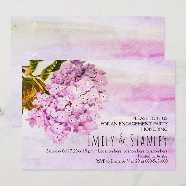 Pink hydrangeas wedding engagement invitation (Front/Back)