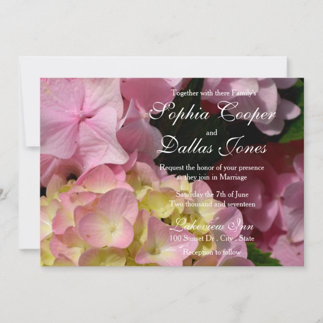 Pink Hydrangeas yellow pink green floral Wedding Invitation (Front)