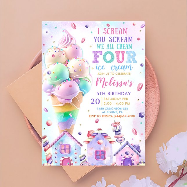 Pink Ice Cream 4th Birthday Invitation (Creator Uploaded)