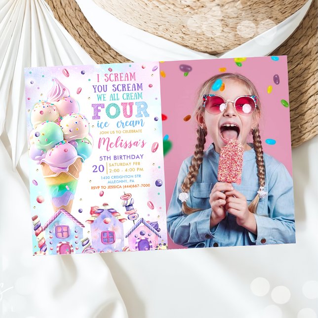 Pink Ice Cream 4th Birthday Photo Invitation (Creator Uploaded)