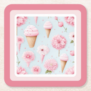 Pink Ice Cream and Flower with Border  Square Paper Coaster