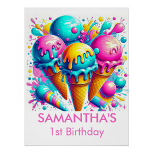 Pink ice cream birthday party Glossy Poster