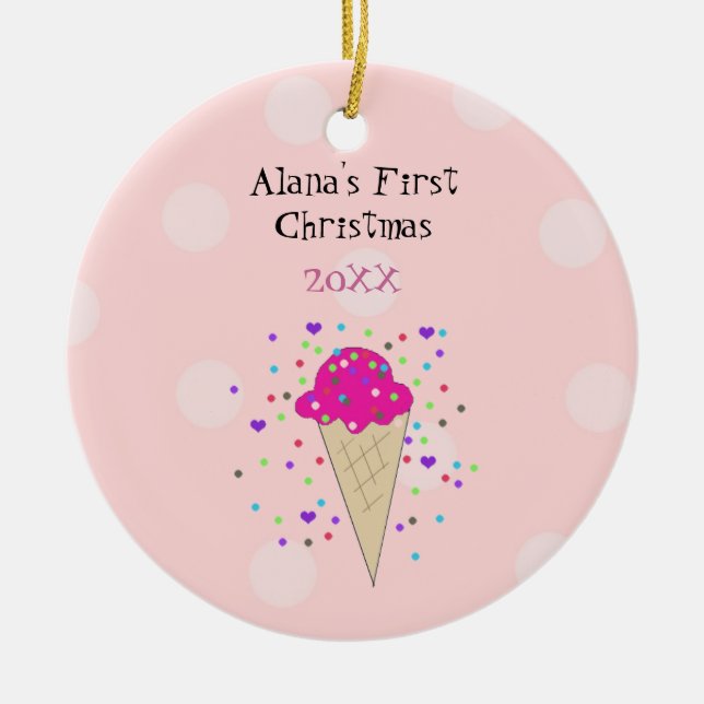 Pink Ice Cream Cone Baby First Christmas Ceramic Tree Decoration (Front)