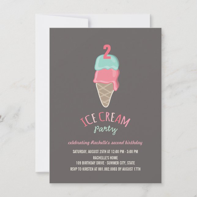 Pink Ice Cream Cone Girl 2nd Birthday Party Invite (Front)