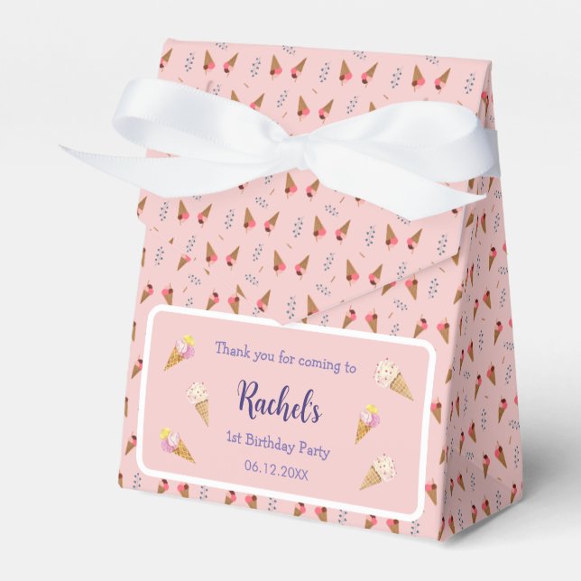 Pink Ice Cream Cone Pattern Girl's First Birthday Favour Box (Front Side)