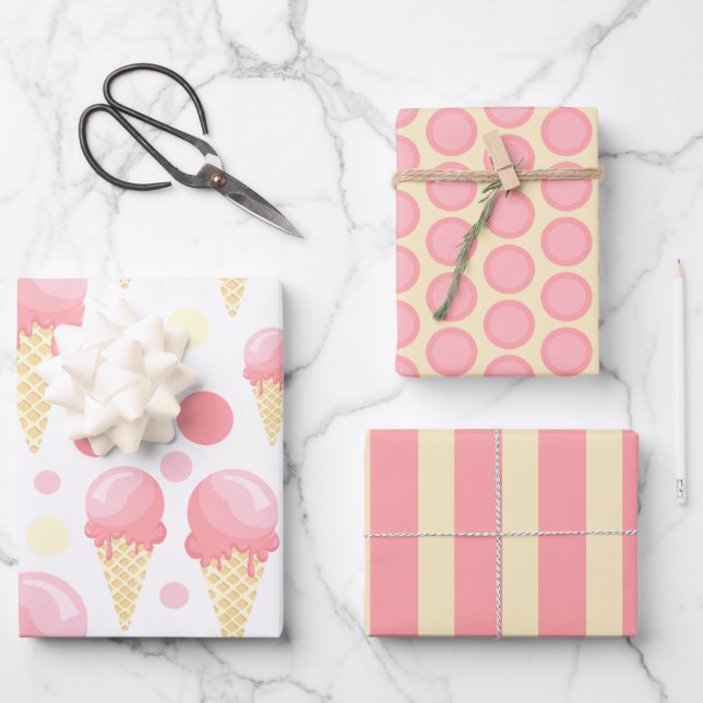 Pink Ice Cream Cone Wrapping Paper Sheet Set (Front)