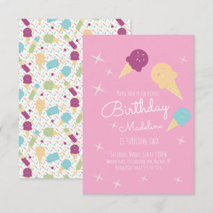 Pink Ice Cream Cones Stars Summer Birthday Party  Invitation