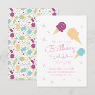 Pink Ice Cream Cones Stars Summer Birthday Party  Invitation