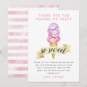 Pink Ice Cream Girl Birthday Party Thank You Card