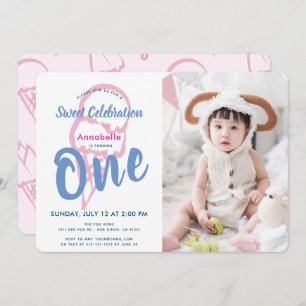 Pink Ice Cream Girl Photo 1st Birthday Invitation