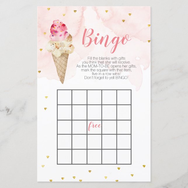 Pink Ice cream Gold Glitter baby shower Bingo Game (Front)