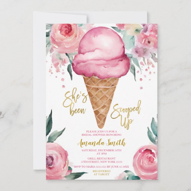 Pink Ice Cream She's Been Scooped Up Bridal Shower Invitation (Front)