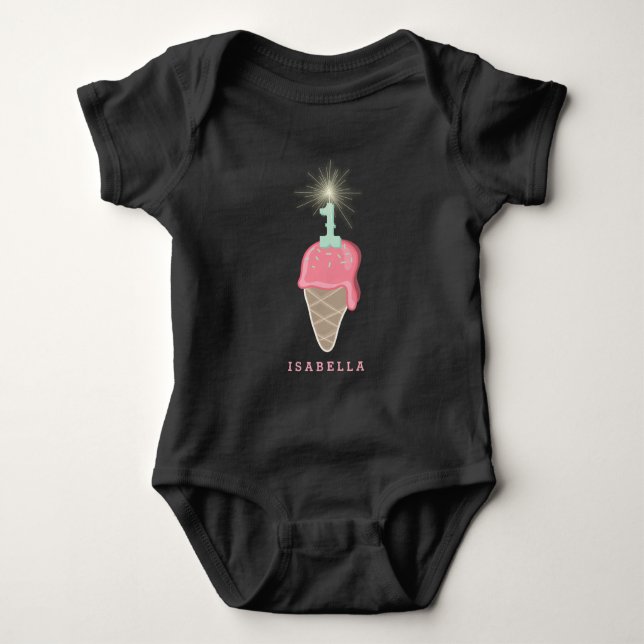 Pink Ice Cream Sparkler Girl 1st Birthday Party Baby Bodysuit (Front)