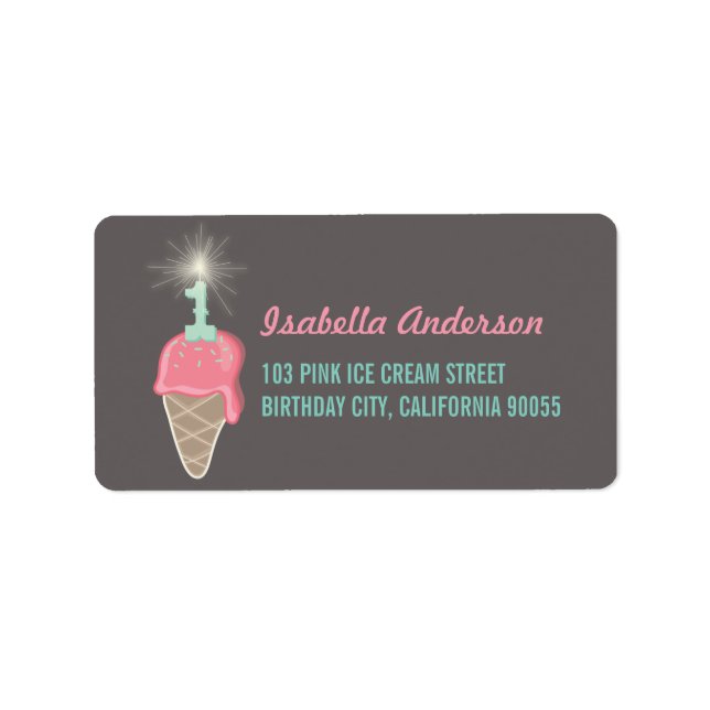 Pink Ice Cream Sparkler Girl 1st Birthday Party Label (Front)