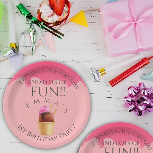 Pink Ice Cream Themed Girl's First Birthday Party Paper Plate (Pink Ice Cream Themed Girl's First Birthday Party Paper Plates)