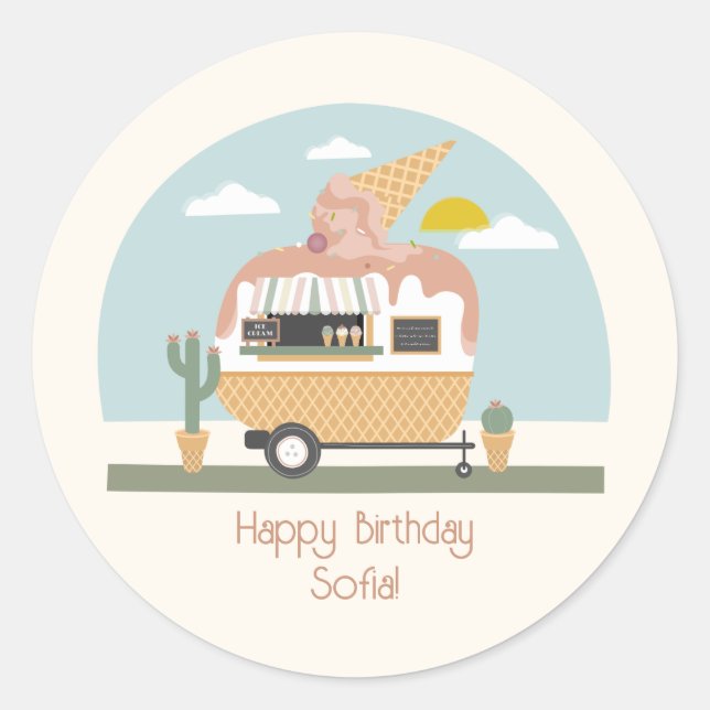 Pink Ice Cream Truck Camper Girls Birthday Classic Round Sticker (Front)
