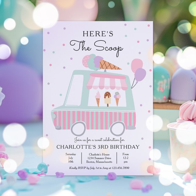 Pink Ice Cream Truck Here's The Scoop Birthday Invitation (Creator Uploaded)